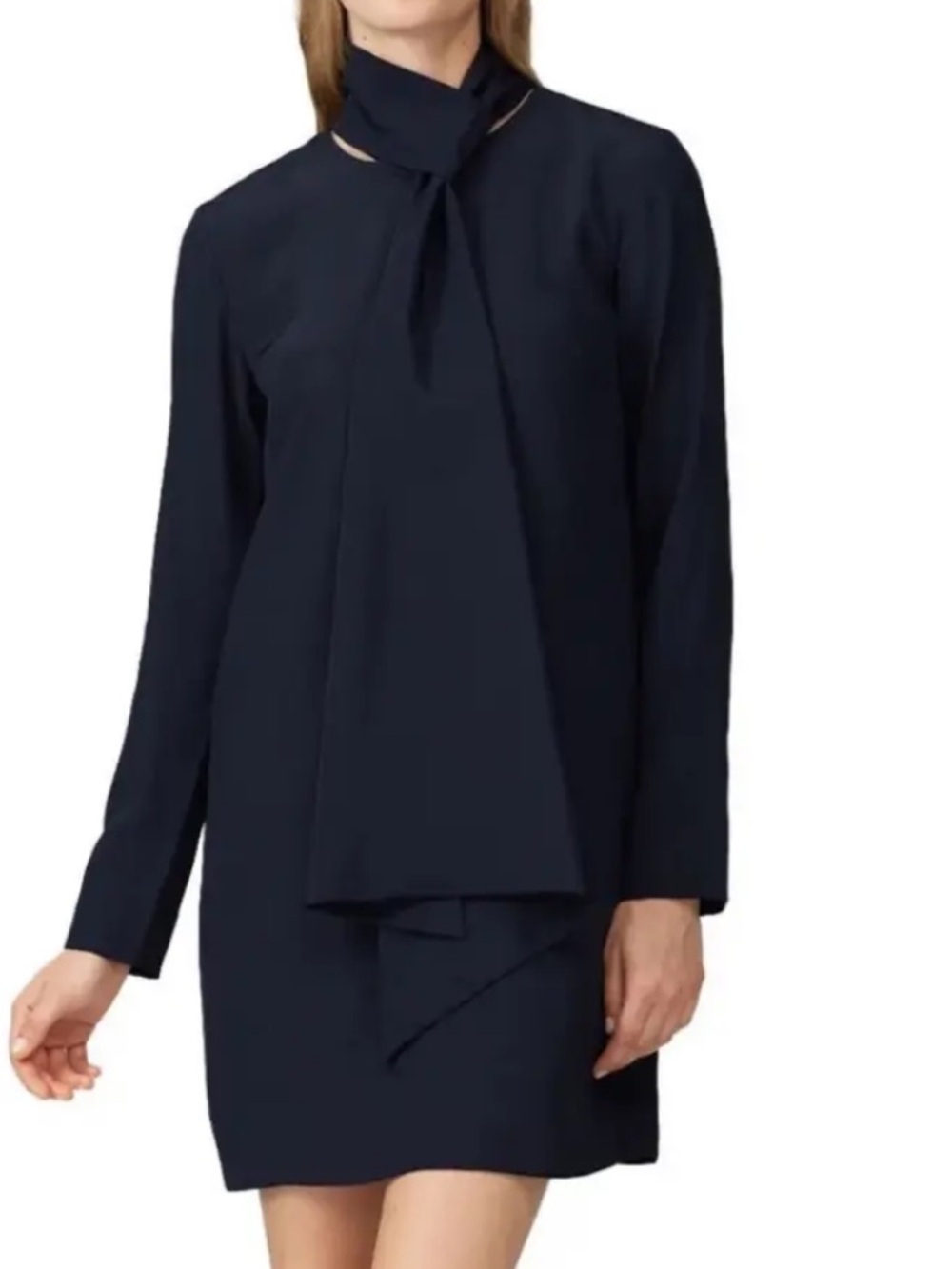 Tibi Dress Sz 12 Shift Mini Heavy Silk Dark Navy Scarf Tie Neck Full Lining EUC